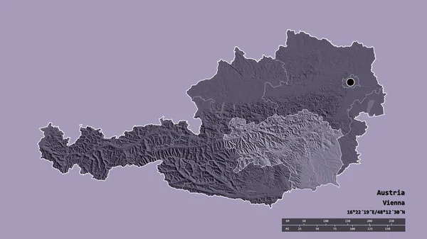 以首都 主要区域分部和分离的Steiermark地区为首都的奥地利的退化形态 彩色高程图 3D渲染 — 图库照片