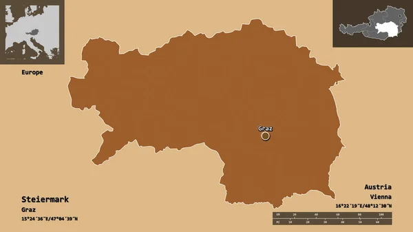 Form Steiermark Delstaten Österrike Och Dess Huvudstad Avståndsskala Förhandsvisningar Och — Stockfoto