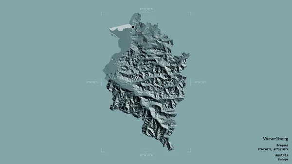 オーストリアのヴォールルベルク州の地域は 洗練された境界線の箱の中にしっかりとした背景に隔離されています ラベル 色の標高マップ 3Dレンダリング — ストック写真