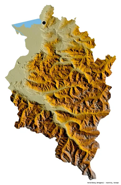 オーストリアのヴォールルベルク州の形で その首都は白い背景に孤立しています 地形図 3Dレンダリング — ストック写真