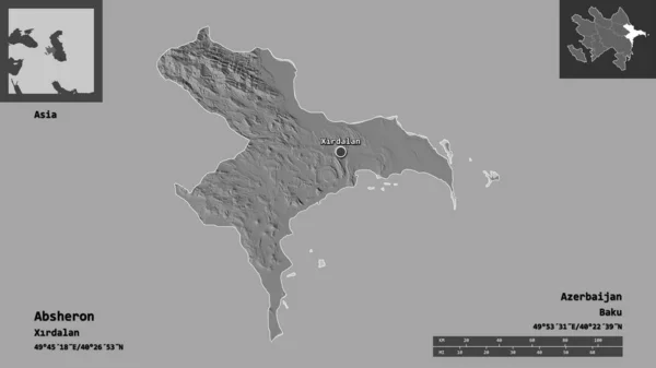 阿塞拜疆地区Absheron的形状及其首都 距离刻度 预览和标签 Bilevel高程图 3D渲染 — 图库照片