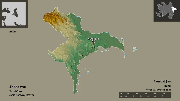 アブシャロンの形 アゼルバイジャンの地域 その首都 距離スケール プレビューおよびラベル 地形図 3Dレンダリング — ストック写真