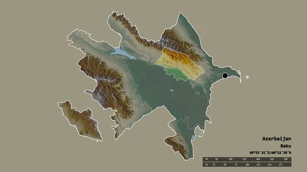 主要な地域部門と分離されたDagrig Shirvanエリアとアゼルバイジャンの荒廃した形 ラベル 地形図 3Dレンダリング — ストック写真