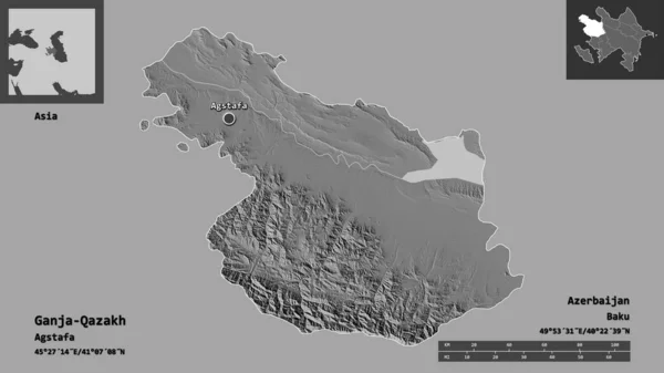 阿塞拜疆地区Ganja Qazakh的形状及其首都 距离刻度 预览和标签 Bilevel高程图 3D渲染 — 图库照片