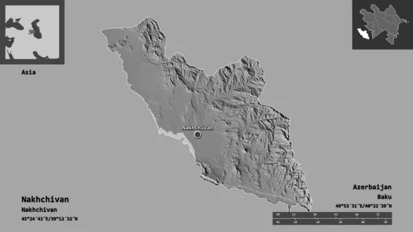 ナヒチヴァンの形 アゼルバイジャンの地域 そしてその首都 距離スケール プレビューおよびラベル 標高マップ 3Dレンダリング — ストック写真