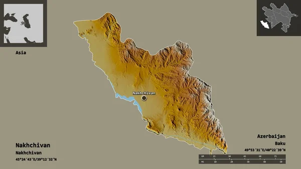 ナヒチヴァンの形 アゼルバイジャンの地域 そしてその首都 距離スケール プレビューおよびラベル 地形図 3Dレンダリング — ストック写真