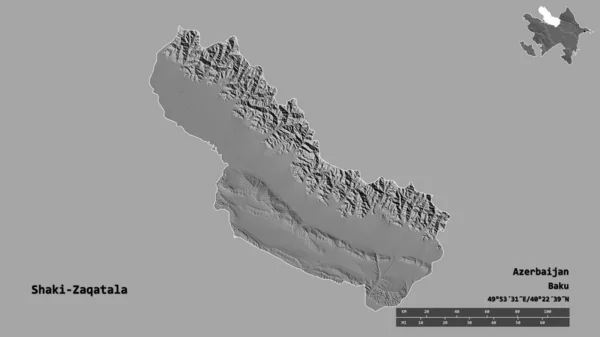 阿塞拜疆地区Shaki Zaqatala的形状 其首都背景坚实 与世隔绝 距离尺度 区域预览和标签 Bilevel高程图 3D渲染 — 图库照片