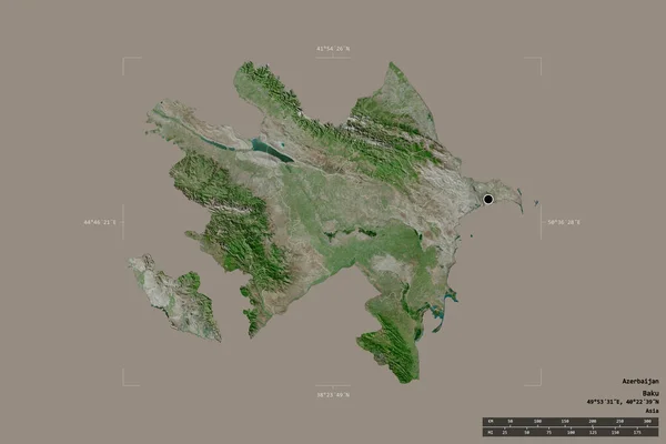 Area of Azerbaijan isolated on a solid background in a georeferenced bounding box. Main regional division, distance scale, labels. Satellite imagery. 3D rendering