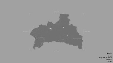 Brest bölgesi, Belarus bölgesi, katı bir arka planda izole edilmiş bir sınır kutusunda. Etiketler. Çift seviyeli yükseklik haritası. 3B görüntüleme