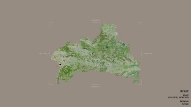 Brest bölgesi, Belarus bölgesi, katı bir arka planda izole edilmiş bir sınır kutusunda. Etiketler. Uydu görüntüleri. 3B görüntüleme