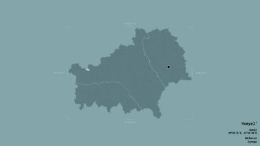 Homyel 'in bölgesi, Belarus bölgesi, jeoreferatlı bir sınır kutusunda sağlam bir arka planda izole edilmiş. Etiketler. Renkli yükseklik haritası. 3B görüntüleme