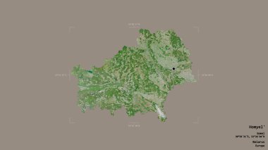 Homyel 'in bölgesi, Belarus bölgesi, jeoreferatlı bir sınır kutusunda sağlam bir arka planda izole edilmiş. Etiketler. Uydu görüntüleri. 3B görüntüleme