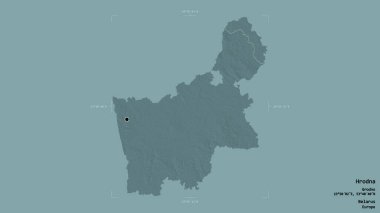 Hrodna bölgesi, Belarus bölgesi, jeoreferatlı bir sınır kutusunda sağlam bir arka planda izole edilmiş. Etiketler. Renkli yükseklik haritası. 3B görüntüleme