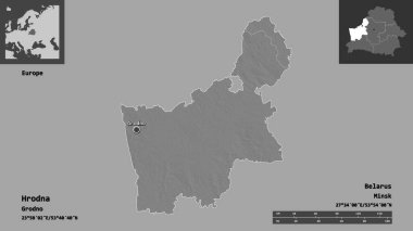 Hrodna 'nın şekli, Belarus bölgesi ve başkenti. Uzaklık ölçeği, ön gösterimler ve etiketler. Çift seviyeli yükseklik haritası. 3B görüntüleme