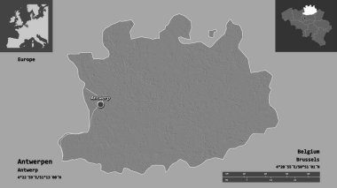 Antwerpen 'in şekli, Belçika ve başkenti. Uzaklık ölçeği, ön gösterimler ve etiketler. Çift seviyeli yükseklik haritası. 3B görüntüleme