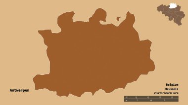 Belçika 'nın Antwerpen ili, başkenti sağlam bir zemin ile izole edilmiştir. Uzaklık ölçeği, bölge önizlemesi ve etiketleri. Desenli dokuların bileşimi. 3B görüntüleme