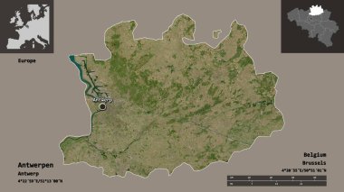 Antwerpen 'in şekli, Belçika ve başkenti. Uzaklık ölçeği, ön gösterimler ve etiketler. Uydu görüntüleri. 3B görüntüleme