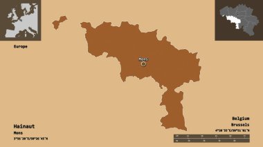 Hainaut 'un şekli, Belçika vilayeti ve başkenti. Uzaklık ölçeği, ön gösterimler ve etiketler. Desenli dokuların bileşimi. 3B görüntüleme