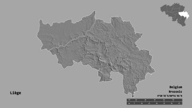 Belçika 'nın Liege ili, başkenti sağlam bir zemin üzerinde izole edilmiştir. Uzaklık ölçeği, bölge önizlemesi ve etiketleri. Çift seviyeli yükseklik haritası. 3B görüntüleme