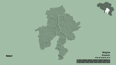 Namur 'un şekli, Belçika' nın başkenti, sağlam arka planda izole edilmiştir. Uzaklık ölçeği, bölge önizlemesi ve etiketleri. Renkli yükseklik haritası. 3B görüntüleme