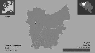 Belçika 'nın Oost-Vlaanderen ili ve başkenti. Uzaklık ölçeği, ön gösterimler ve etiketler. Çift seviyeli yükseklik haritası. 3B görüntüleme