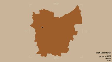 Belçika 'nın Oost-Vlaanderen bölgesinde katı bir arka planda izole edilmiş bir sınır kutusu var. Etiketler. Desenli dokuların bileşimi. 3B görüntüleme