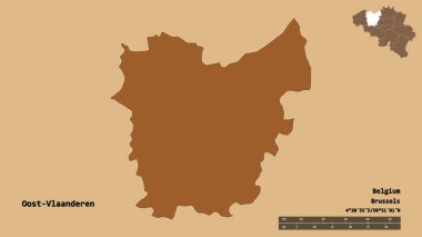 Belçika 'nın Oost-Vlaanderen bölgesinin başkenti sağlam bir zemin üzerinde izole edilmiştir. Uzaklık ölçeği, bölge önizlemesi ve etiketleri. Desenli dokuların bileşimi. 3B görüntüleme