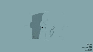Belize bölgesi, Belize bölgesi, sağlam bir arka planda izole edilmiş bir sınır kutusunda. Etiketler. Renkli yükseklik haritası. 3B görüntüleme