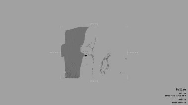 Belize bölgesi, Belize bölgesi, sağlam bir arka planda izole edilmiş bir sınır kutusunda. Etiketler. Çift seviyeli yükseklik haritası. 3B görüntüleme