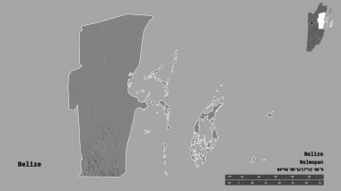 Belize 'nin Belize semti, başkenti sağlam arka planda izole edilmiş. Uzaklık ölçeği, bölge önizlemesi ve etiketleri. Çift seviyeli yükseklik haritası. 3B görüntüleme