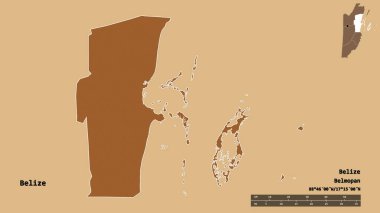 Belize 'nin Belize semti, başkenti sağlam arka planda izole edilmiş. Uzaklık ölçeği, bölge önizlemesi ve etiketleri. Desenli dokuların bileşimi. 3B görüntüleme