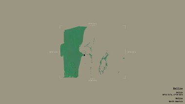 Belize bölgesi, Belize bölgesi, sağlam bir arka planda izole edilmiş bir sınır kutusunda. Etiketler. Topografik yardım haritası. 3B görüntüleme