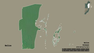 Belize 'nin Belize semti, başkenti sağlam arka planda izole edilmiş. Uzaklık ölçeği, bölge önizlemesi ve etiketleri. Topografik yardım haritası. 3B görüntüleme