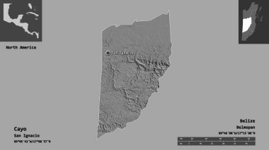 Cayo 'nun şekli, Belize bölgesi ve başkenti. Uzaklık ölçeği, ön gösterimler ve etiketler. Çift seviyeli yükseklik haritası. 3B görüntüleme