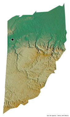 Belize 'nin Cayo ilçesi, başkenti beyaz arka planda izole edilmiş. Topografik yardım haritası. 3B görüntüleme