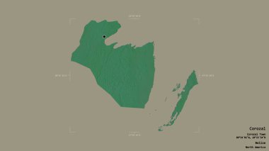 Corozal bölgesi, Belize bölgesi, katı bir arka planda izole edilmiş bir sınır kutusunda. Etiketler. Topografik yardım haritası. 3B görüntüleme