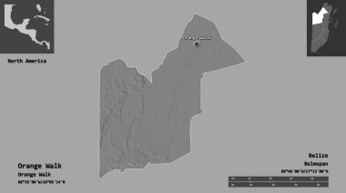 Orange Walk 'un şekli, Belize bölgesi ve başkenti. Uzaklık ölçeği, ön gösterimler ve etiketler. Çift seviyeli yükseklik haritası. 3B görüntüleme