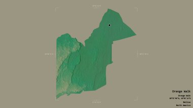 Orange Walk bölgesi, Belize bölgesi, sağlam bir arka planda izole edilmiş bir sınır kutusunda. Etiketler. Topografik yardım haritası. 3B görüntüleme