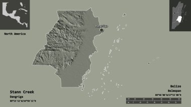 Stann Creek 'in şekli, Belize bölgesi ve başkenti. Uzaklık ölçeği, ön gösterimler ve etiketler. Renkli yükseklik haritası. 3B görüntüleme