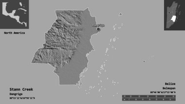 Stann Creek 'in şekli, Belize bölgesi ve başkenti. Uzaklık ölçeği, ön gösterimler ve etiketler. Çift seviyeli yükseklik haritası. 3B görüntüleme