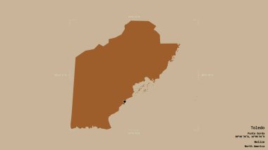 Toledo bölgesi, Belize bölgesi, sağlam bir arka planda izole edilmiş bir sınır kutusunda. Etiketler. Desenli dokuların bileşimi. 3B görüntüleme