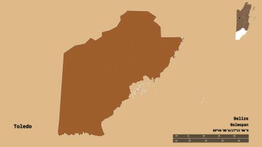 Belize 'nin Toledo ilçesi, başkenti sağlam arka planda izole edilmiş. Uzaklık ölçeği, bölge önizlemesi ve etiketleri. Desenli dokuların bileşimi. 3B görüntüleme