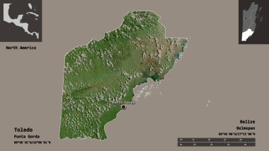 Toledo 'nun şekli, Belize bölgesi ve başkenti. Uzaklık ölçeği, ön gösterimler ve etiketler. Uydu görüntüleri. 3B görüntüleme