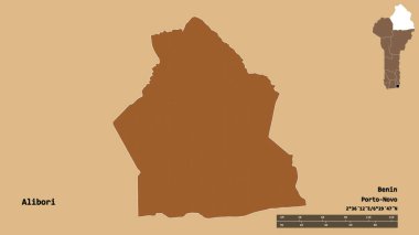 Alibori 'nin şekli, Benin Bölümü, sermayesi sağlam arka planda izole edilmiş. Uzaklık ölçeği, bölge önizlemesi ve etiketleri. Desenli dokuların bileşimi. 3B görüntüleme