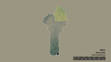 Başkenti, ana bölgesel bölümü ve ayrılmış Alibori bölgesi ile Benin 'in dejenere edilmiş şekli. Etiketler. Topografik yardım haritası. 3B görüntüleme
