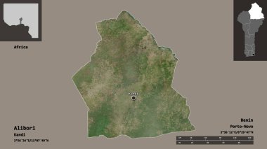 Alibori 'nin şekli, Benin Bölümü ve başkenti. Uzaklık ölçeği, ön gösterimler ve etiketler. Uydu görüntüleri. 3B görüntüleme