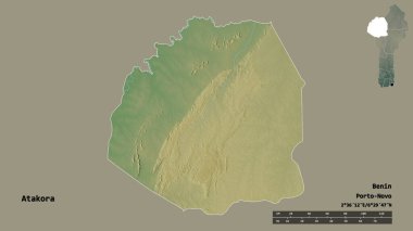 Atakora 'nın şekli, Benin Bölümü, sermayesi sağlam arka planda izole edilmiş. Uzaklık ölçeği, bölge önizlemesi ve etiketleri. Topografik yardım haritası. 3B görüntüleme
