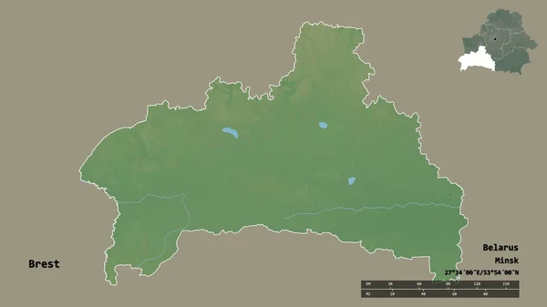 ベラルーシの地域であるブレストの形状で その首都はしっかりとした背景に隔離されています 距離スケール リージョンプレビュー およびラベル 地形図 3Dレンダリング — ストック写真