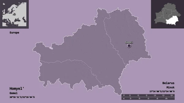 Shape Homyel Region Belarus Its Capital Distance Scale Previews Labels — Stock Photo, Image