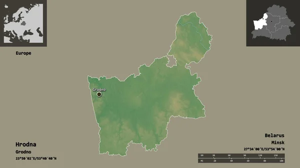 フロドナの形 ベラルーシの地域 およびその首都 距離スケール プレビューおよびラベル 地形図 3Dレンダリング — ストック写真